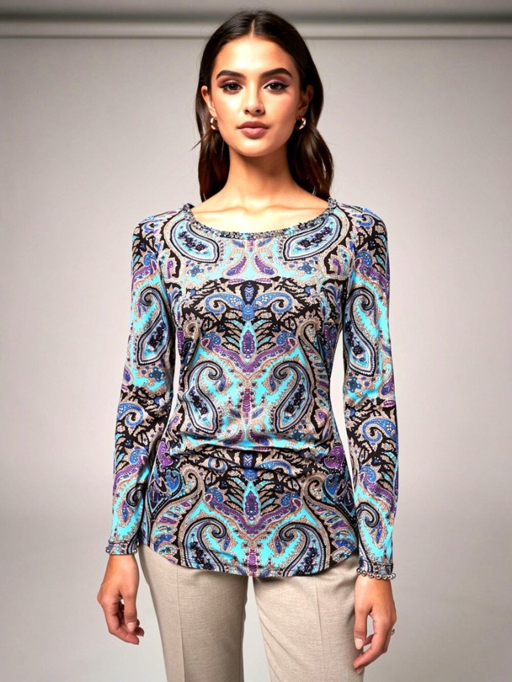 INC International Concepts Petite Paisley Embellished Top